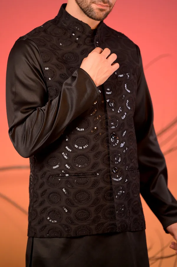Black_Satin_Kurta_With_Hakoba_Sequin-Embroidered_Nehru_Jacket_&_Trousers_Set_For_Men