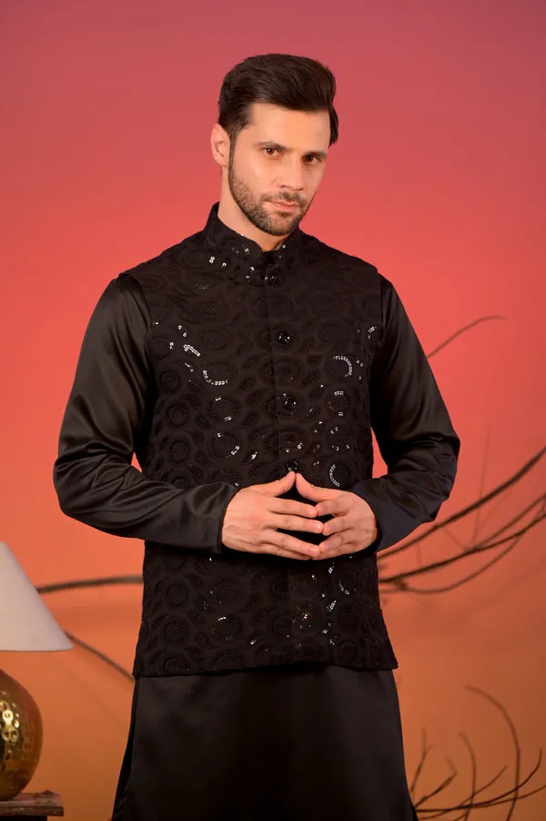 Black_Satin_Kurta_With_Hakoba_Sequin-Embroidered_Nehru_Jacket_&_Trousers_Set_For_Men