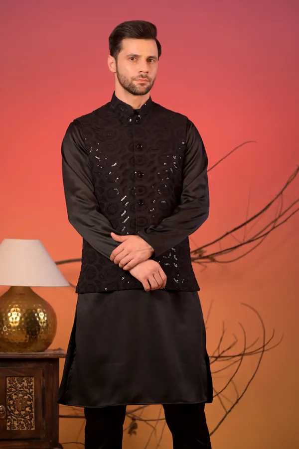 Black_Satin_Kurta_With_Hakoba_Sequin-Embroidered_Nehru_Jacket_&_Trousers_Set_For_Men