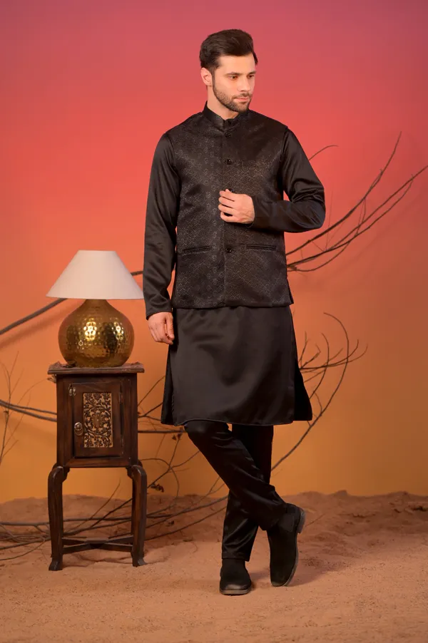 Black_Jacquard_Kurta_With_Matching_Nehru_Jacket_&_Trousers_Set_For_Men
