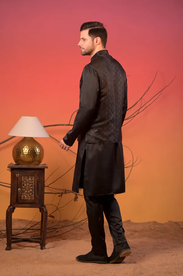 Black_Jacquard_Kurta_With_Matching_Nehru_Jacket_&_Trousers_Set_For_Men