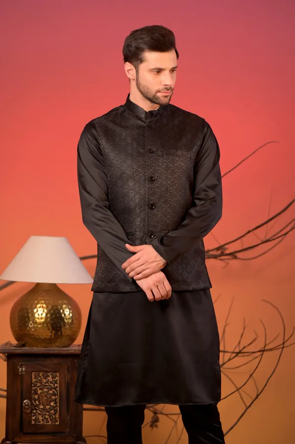 Black_Jacquard_Kurta_With_Matching_Nehru_Jacket_&_Trousers_Set_For_Men