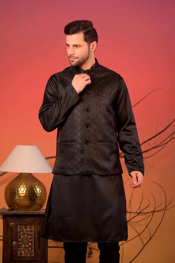 Black_Jacquard_Kurta_With_Matching_Nehru_Jacket_&_Trousers_Set_For_Men