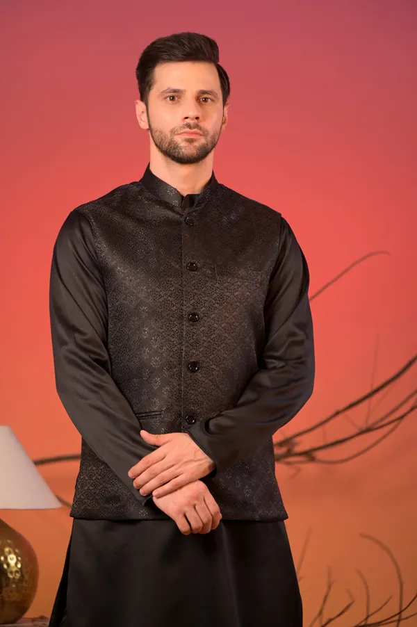 Black_Jacquard_Kurta_With_Matching_Nehru_Jacket_&_Trousers_Set_For_Men
