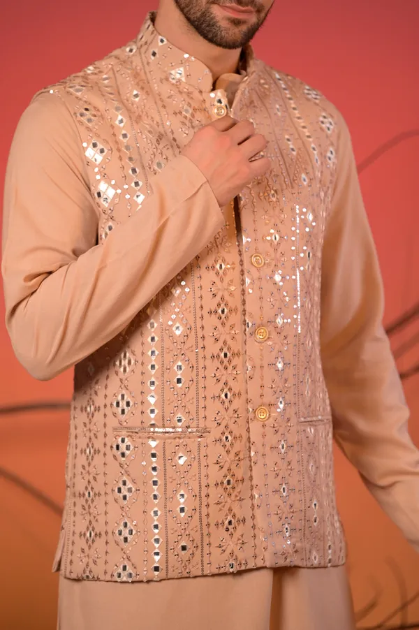 Beige_Linen-Silk_Kurta_With_Mirror-Embroidered_Nehru_Jacket_&_Trousers_Set_For_Men