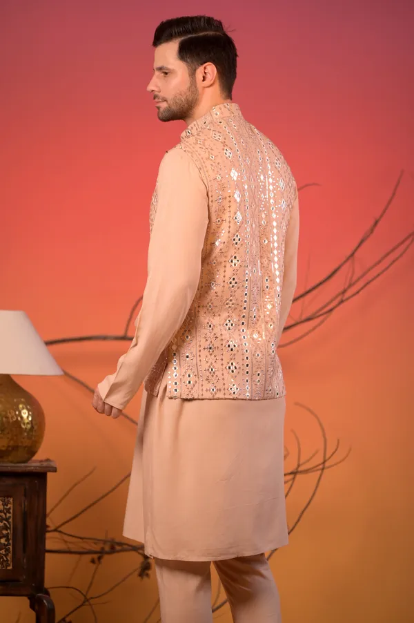 Beige_Linen-Silk_Kurta_With_Mirror-Embroidered_Nehru_Jacket_&_Trousers_Set_For_Men