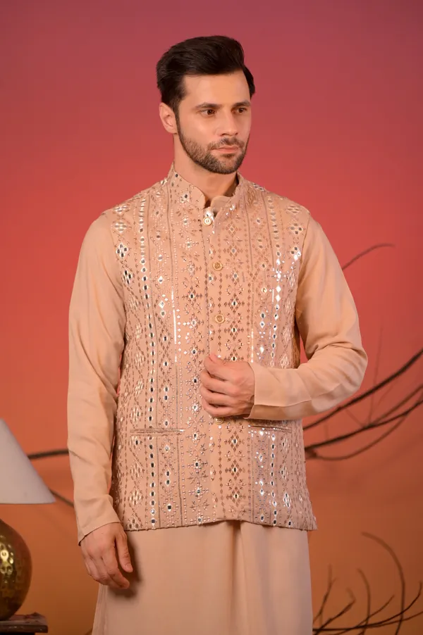 Beige_Linen-Silk_Kurta_With_Mirror-Embroidered_Nehru_Jacket_&_Trousers_Set_For_Men