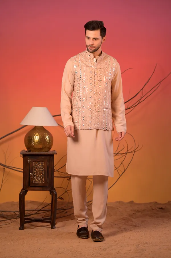 Beige_Linen-Silk_Kurta_With_Mirror-Embroidered_Nehru_Jacket_&_Trousers_Set_For_Men