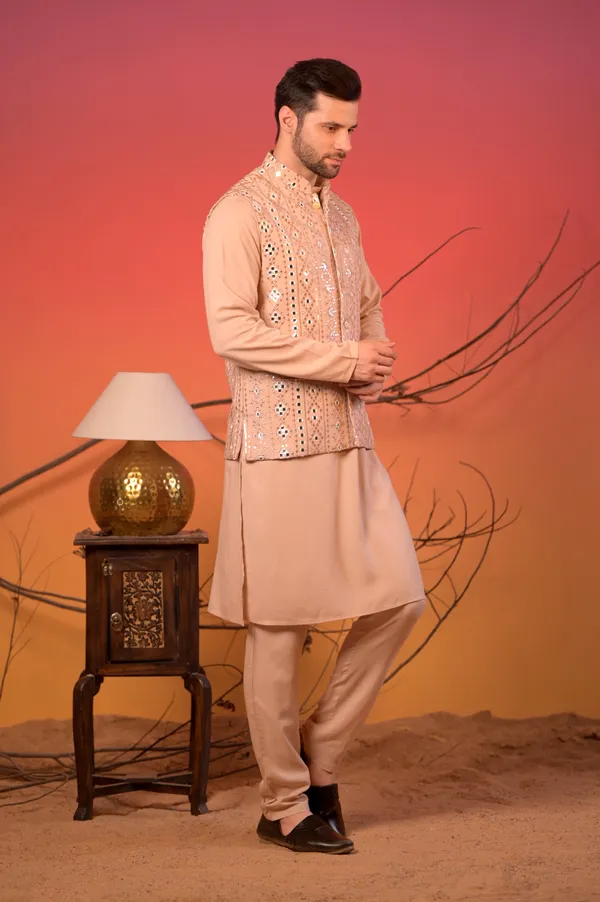 Beige_Linen-Silk_Kurta_With_Mirror-Embroidered_Nehru_Jacket_&_Trousers_Set_For_Men