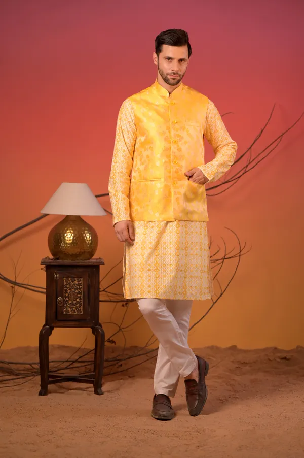 Yellow_Textured_Kurta_With_Yellow_Jacquard_Nehru_Jacket_&_Trousers_Set_For_Men