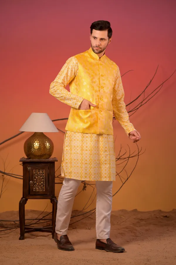 Yellow_Textured_Kurta_With_Yellow_Jacquard_Nehru_Jacket_&_Trousers_Set_For_Men