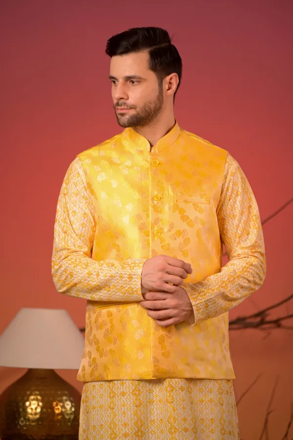 Yellow_Textured_Kurta_With_Yellow_Jacquard_Nehru_Jacket_&_Trousers_Set_For_Men