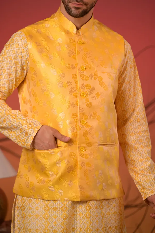 Yellow_Textured_Kurta_With_Yellow_Jacquard_Nehru_Jacket_&_Trousers_Set_For_Men
