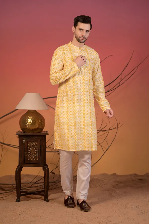 Yellow_Textured_Kurta_With_Yellow_Jacquard_Nehru_Jacket_&_Trousers_Set_For_Men