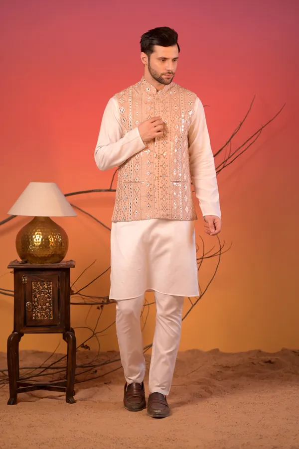 White_Linen_Silk_Kurta_With_Beige_Mirror_Embroidered_Nehru_Jacket_&_Trousers_Set_For_Men