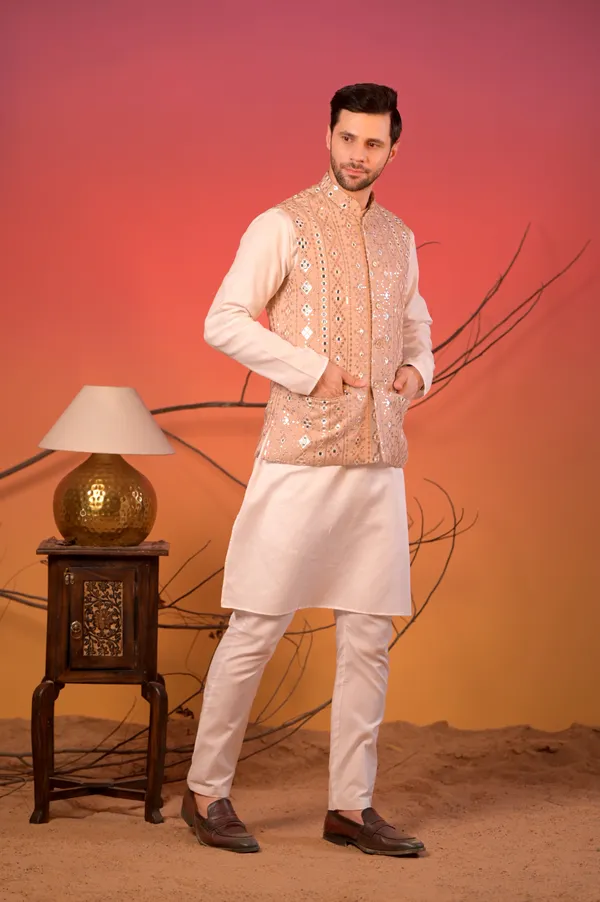 White_Linen_Silk_Kurta_With_Beige_Mirror_Embroidered_Nehru_Jacket_&_Trousers_Set_For_Men