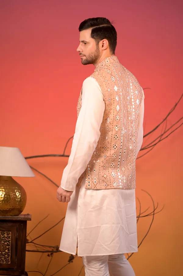 White_Linen_Silk_Kurta_With_Beige_Mirror_Embroidered_Nehru_Jacket_&_Trousers_Set_For_Men