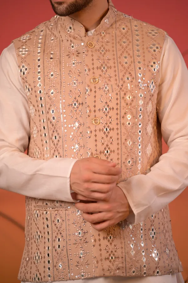 White_Linen_Silk_Kurta_With_Beige_Mirror_Embroidered_Nehru_Jacket_&_Trousers_Set_For_Men