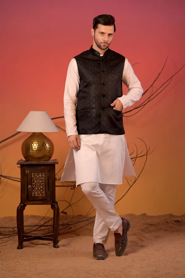 White_Satin_Linen_Kurta_With_Textured_Black_Jacquard_Nehru_Jacket_&_Trousers_Set_For_Men