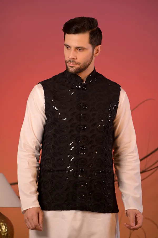 White_Satin_Linen_Kurta_With_Black_Hakoba_Sequin_Nehru_Jacket_&_Trousers_Set_For_Men