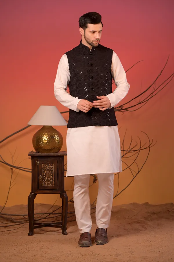 White_Satin_Linen_Kurta_With_Black_Hakoba_Sequin_Nehru_Jacket_&_Trousers_Set_For_Men