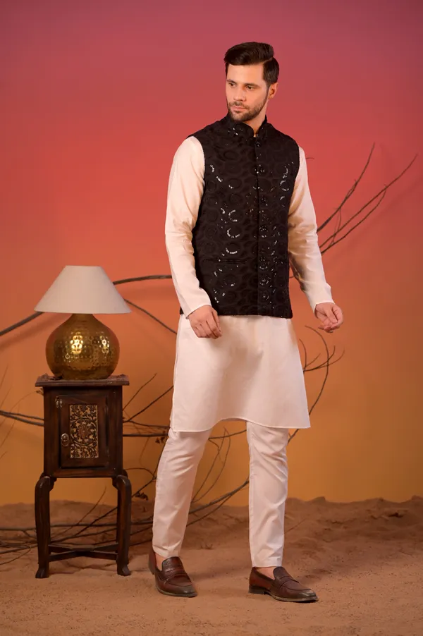 White_Satin_Linen_Kurta_With_Black_Hakoba_Sequin_Nehru_Jacket_&_Trousers_Set_For_Men