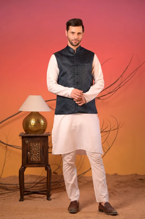 White_Kurta_With_Midnight_Blue_Jacquard_Textured_Nehru_Jacket_&_Trousers_Set_For_Men