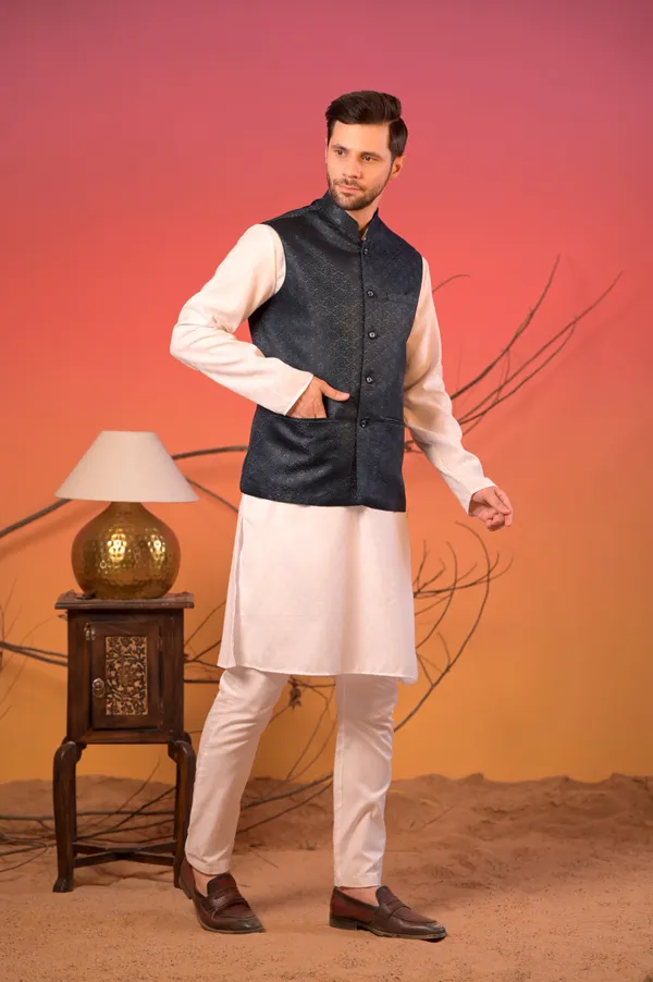 White_Kurta_With_Midnight_Blue_Jacquard_Textured_Nehru_Jacket_&_Trousers_Set_For_Men