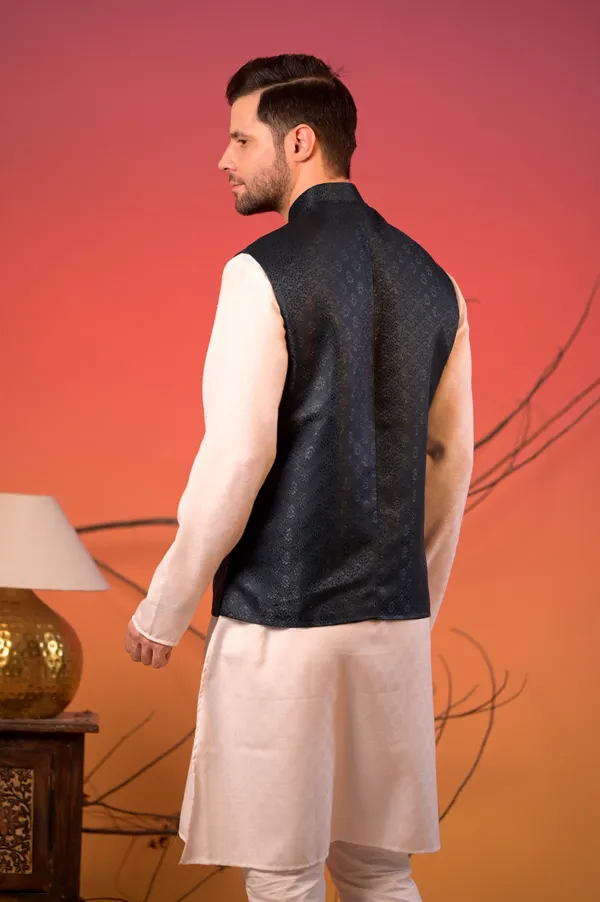 White_Kurta_With_Midnight_Blue_Jacquard_Textured_Nehru_Jacket_&_Trousers_Set_For_Men