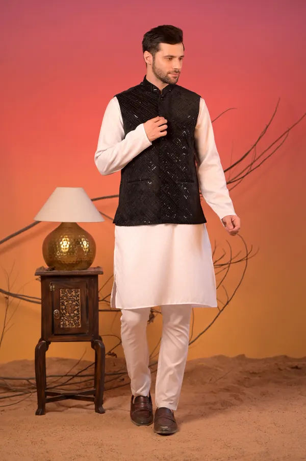 White_Jacquard_Kurta_With_Luxe_Black_Velvet_Nehru_Jacket_&_Trousers_Set_For_Men