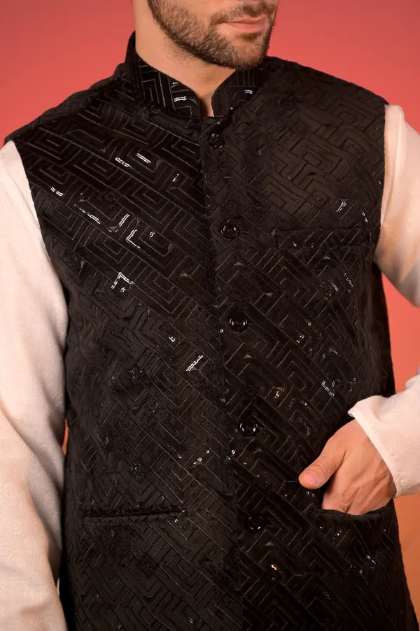White_Jacquard_Kurta_With_Luxe_Black_Velvet_Nehru_Jacket_&_Trousers_Set_For_Men