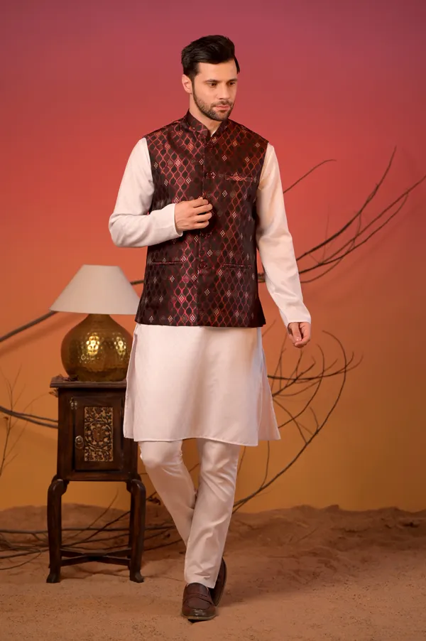 White_Jacquard_Kurta_With_Maroon_Diamond_Weave_Jacquard_Nehru_Jacket_&_Trousers_Set_For_Men
