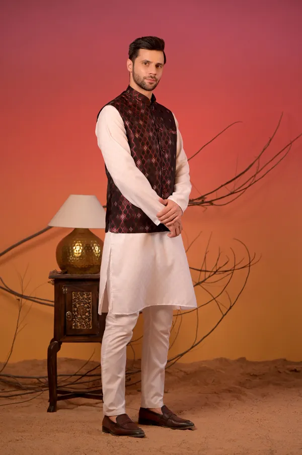 White_Jacquard_Kurta_With_Maroon_Diamond_Weave_Jacquard_Nehru_Jacket_&_Trousers_Set_For_Men