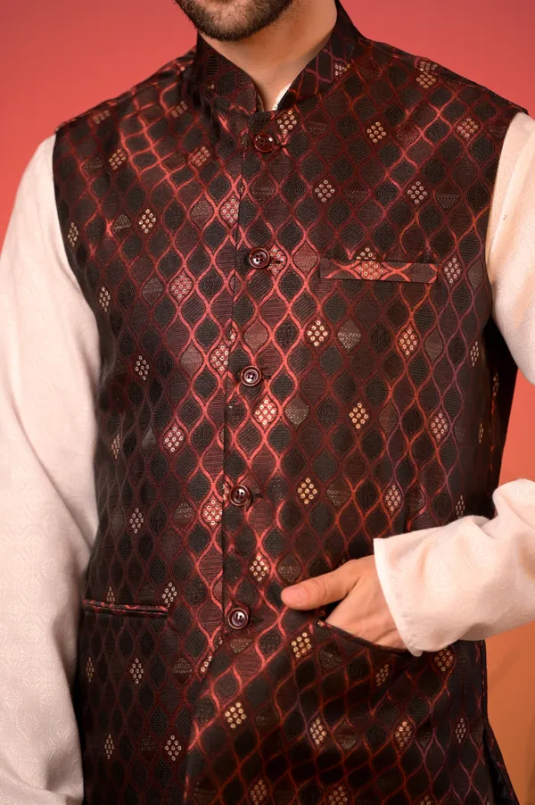 White_Jacquard_Kurta_With_Maroon_Diamond_Weave_Jacquard_Nehru_Jacket_&_Trousers_Set_For_Men