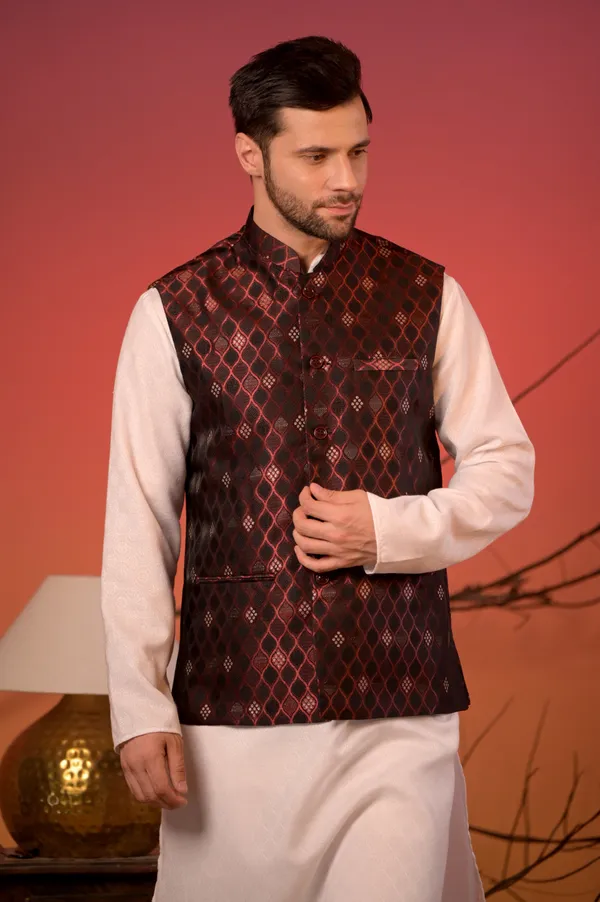 White_Jacquard_Kurta_With_Maroon_Diamond_Weave_Jacquard_Nehru_Jacket_&_Trousers_Set_For_Men