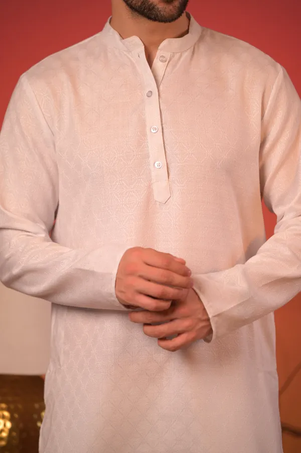 White_Jacquard_Kurta_With_Golden_Sequin-Embroidered_Nehru_Jacket_&_Trousers_Set_For_Men