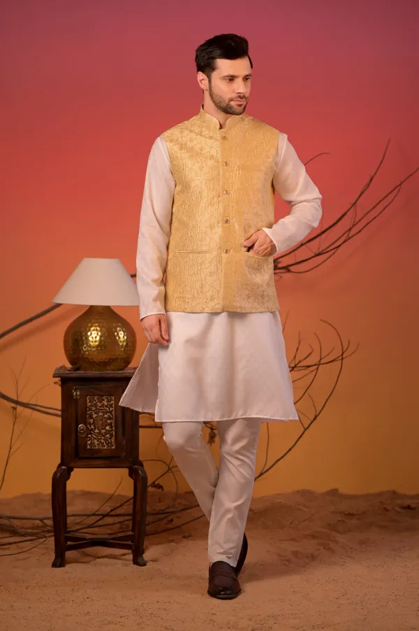White_Jacquard_Kurta_With_Golden_Sequin-Embroidered_Nehru_Jacket_&_Trousers_Set_For_Men
