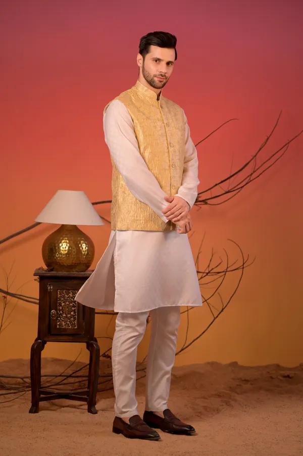 White_Jacquard_Kurta_With_Golden_Sequin-Embroidered_Nehru_Jacket_&_Trousers_Set_For_Men