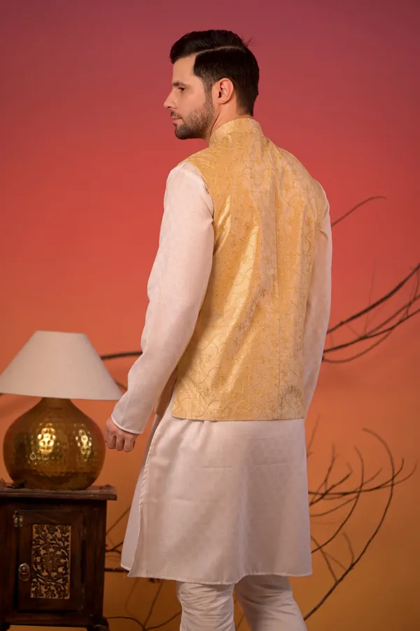White_Jacquard_Kurta_With_Golden_Sequin-Embroidered_Nehru_Jacket_&_Trousers_Set_For_Men