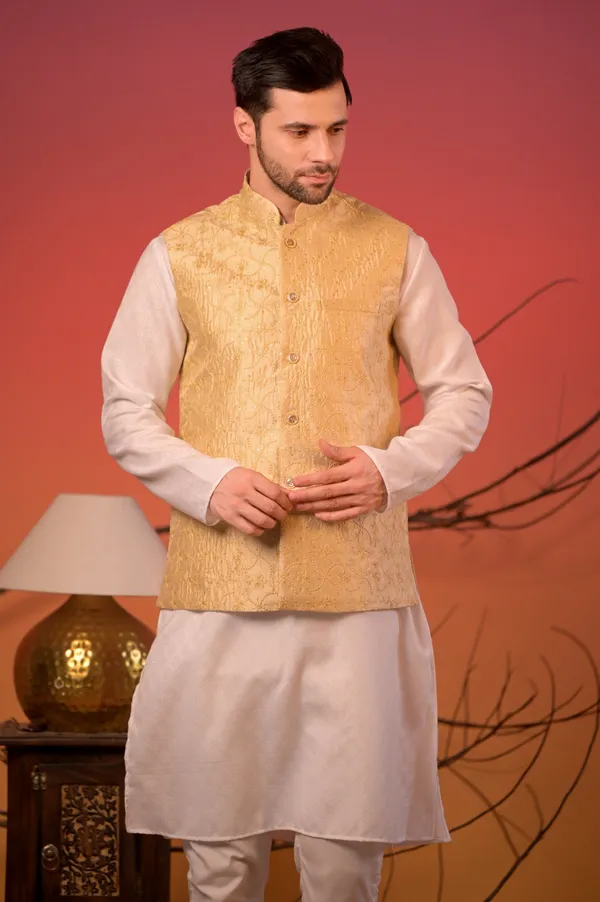 White_Jacquard_Kurta_With_Golden_Sequin-Embroidered_Nehru_Jacket_&_Trousers_Set_For_Men