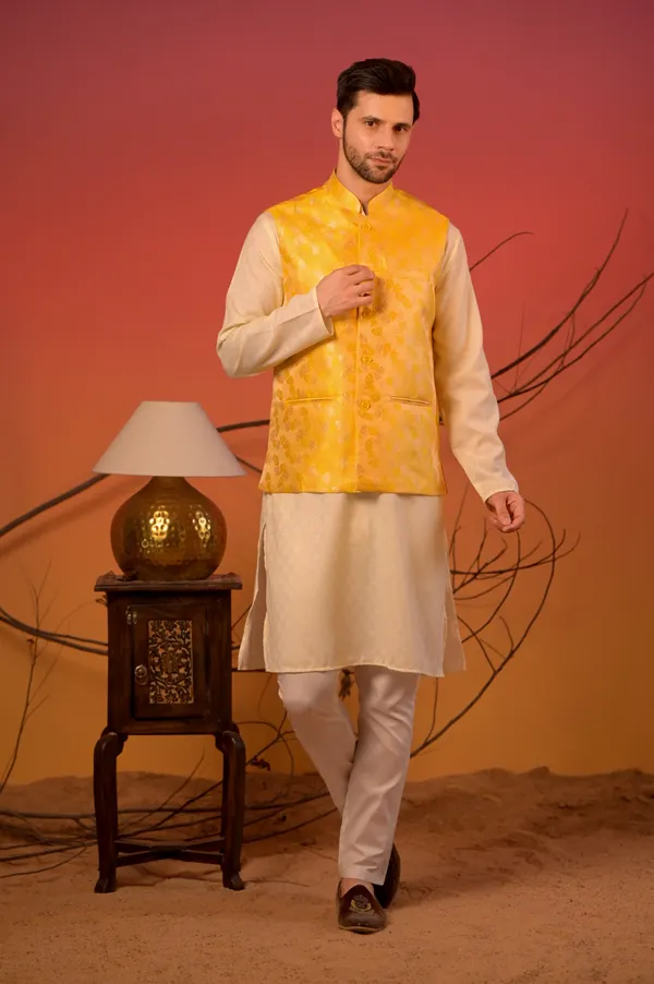 Cream_Kurta_With_Yellow_Jacquard_Nehru_Jacket_&_Trousers_Set_For_Men