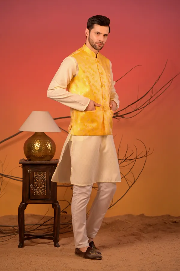 Cream_Kurta_With_Yellow_Jacquard_Nehru_Jacket_&_Trousers_Set_For_Men