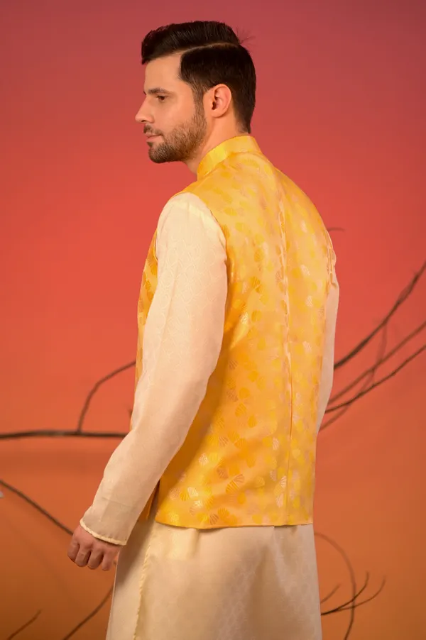 Cream_Kurta_With_Yellow_Jacquard_Nehru_Jacket_&_Trousers_Set_For_Men