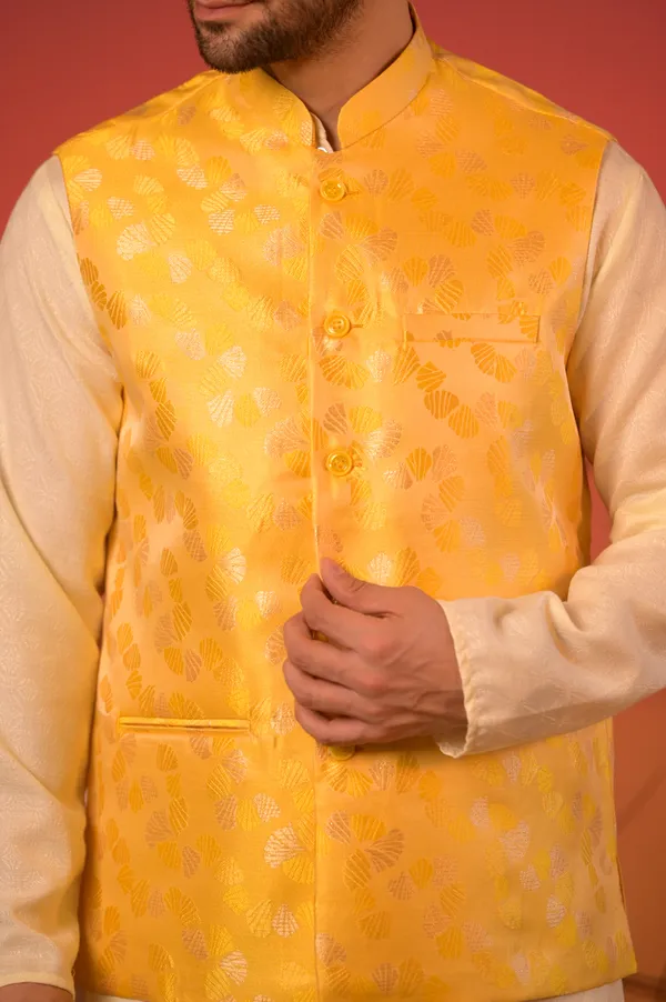Cream_Kurta_With_Yellow_Jacquard_Nehru_Jacket_&_Trousers_Set_For_Men