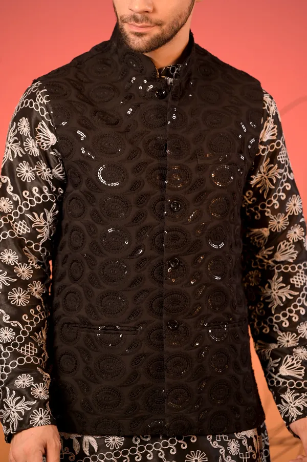 Black_Embroidered_Silk_Kurta_With_Hakoba_Sequin_Nehru_Jacket_&_Trousers_Set_For_Men