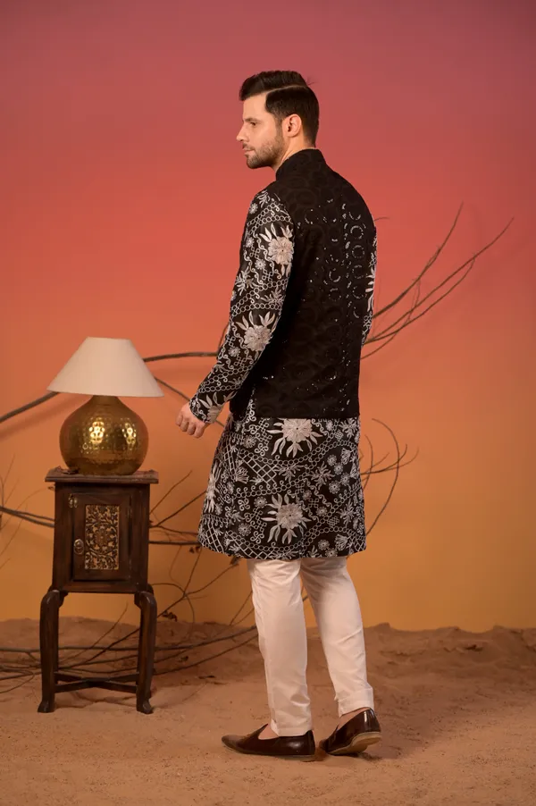 Black_Embroidered_Silk_Kurta_With_Hakoba_Sequin_Nehru_Jacket_&_Trousers_Set_For_Men