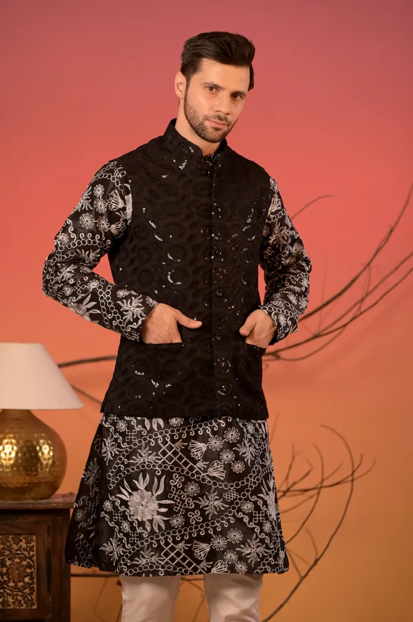 Black_Embroidered_Silk_Kurta_With_Hakoba_Sequin_Nehru_Jacket_&_Trousers_Set_For_Men