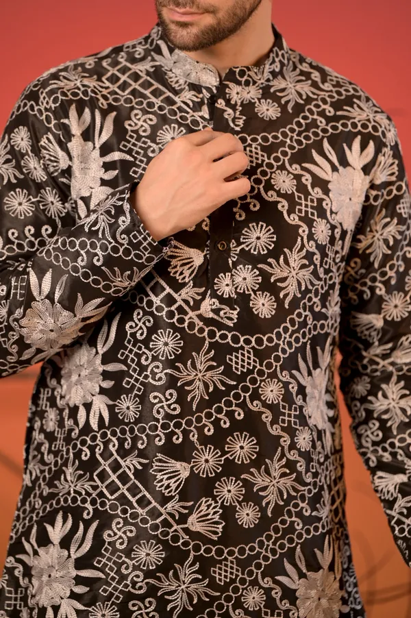 Black_Embroidered_Silk_Kurta_With_Hakoba_Sequin_Nehru_Jacket_&_Trousers_Set_For_Men