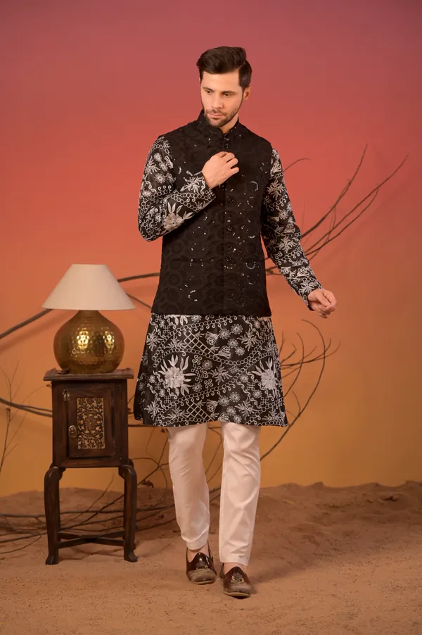 Black_Embroidered_Silk_Kurta_With_Hakoba_Sequin_Nehru_Jacket_&_Trousers_Set_For_Men