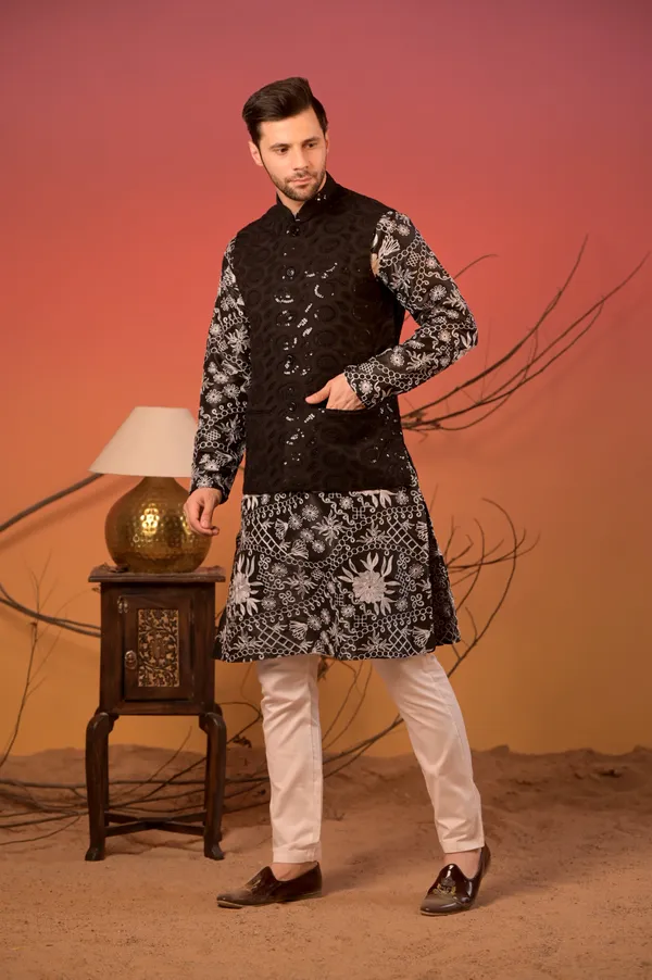 Black_Embroidered_Silk_Kurta_With_Hakoba_Sequin_Nehru_Jacket_&_Trousers_Set_For_Men